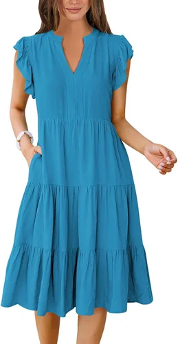 Miniatura 20 de ANRABESS Vestido de verano para mujer, manga con volantes, cuello en V, vestido midi a la moda, casual, holgado, escalonado, bohemio, playa