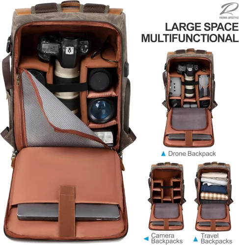 Miniatura 3 de Mochila para cámara Padwa Lifestyle - Bolsa de cámara de lona de memoria encerada resistente al clima para fotógrafos, Café