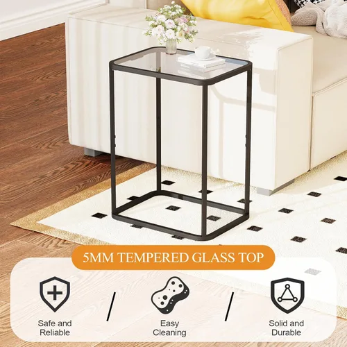 Miniatura 8 de Garden 4 you Mesa auxiliar de cristal, mesa auxiliar rectangular con marco de metal, moderna mesita de noche para oficina, dormitorio, sala de Negro