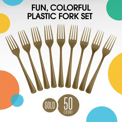 Miniatura 3 de Exquisite Tenedores de plástico dorados, 50 piezas, tenedores dorados, utensilios desechables, juego de cubiertos de plástico resistente
