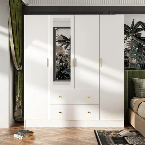 FUNSIR Armario de dormitorio de 4 puertas, armario de madera con espejo, 2 rieles para colgar ropa, 5 estantes de almacenamiento y 2 cajones, unidad