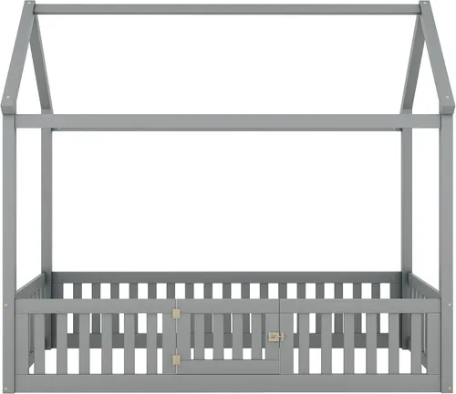 Miniatura 8 de Bellemave Cama Montessori de tamaño individual para niños, camas de piso de madera con barandillas de valla y puerta, cama individual para niños
