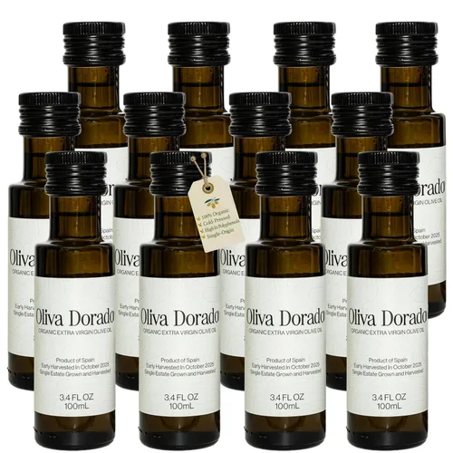 Miniatura 10 de Oliva Dorado Mini botellas de aceite de oliva de vidrio (3.4 fl oz, paquete de 3), aceite de oliva virgen extra orgánico 100% sin refinar y prensado