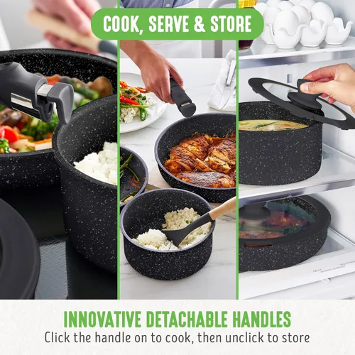 Miniatura 6 de GreenLife Juego de 10 piezas de ollas y sartenes antiadherentes, juego de utensilios de cocina con mango desmontable y apilable, sartenes sin
