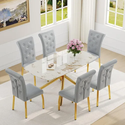 Miniatura 53 de Juego de mesa de comedor moderna para mesa de comedor negra de 4,63 pulgadas, juego de 4 con patas de metal dorado, mesa de cocina rectangular