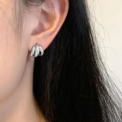 Miniatura 4 de ABILITH Aretes triples de plata y oro para mujer, aretes de aro de dos tonos de oro grueso de 18 quilates
