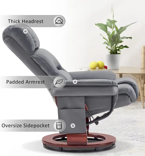 Miniatura 8 de MCombo Sillones reclinables giratorios con otomana, sillas reclinables de TV con masaje por vibración, silla ergonómica de piel sintética para sala
