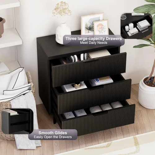 Miniatura 3 de Royal Windsor Mesita de noche acanalada con 3 cajones, mesa auxiliar lateral, armario de almacenamiento de acento, mesita de noche moderna
