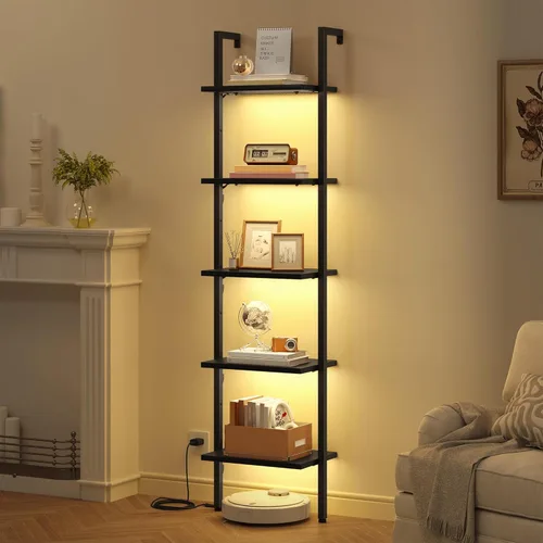 Tajsoon Estante de escalera de 5 niveles con luz, estante de madera para libros montado en la pared, estantería de escalera con marco de metal,