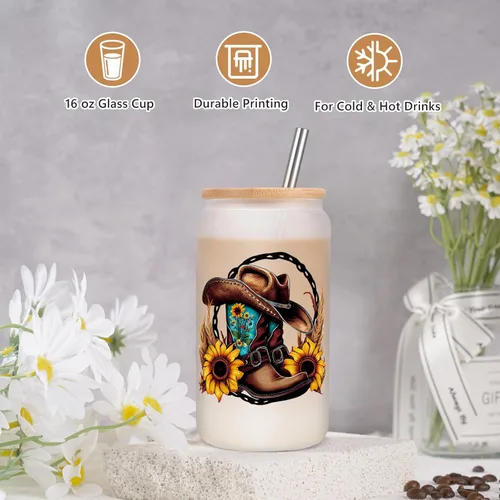 Miniatura 3 de LEADO Vasos de cristal para sombrero de vaquera occidental, 16 onzas con tapa y pajita, regalos para niñas de campo, cosas de campo, cumpleaños