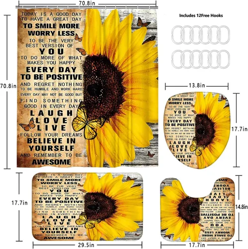 Miniatura 5 de AZHM Juego de 4 piezas de cortinas de ducha con alfombras Juego de baño de girasol decoración citas inspiradoras cortinas de baño juego de ducha