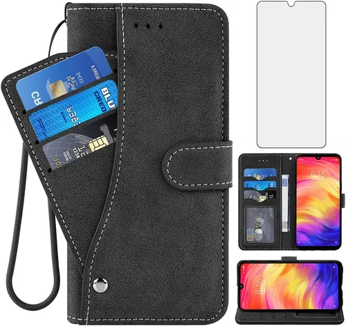 Asuwish Compatible con Xiaomi Redmi Note 7/7Pro Funda tipo cartera y protector de pantalla de vidrio templado, cubierta abatible Soporte para