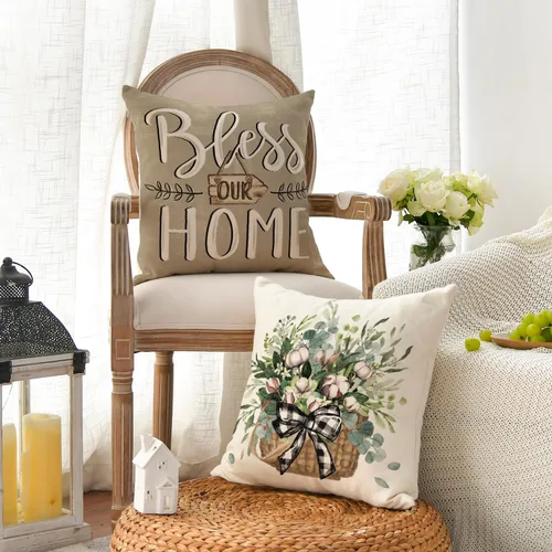 Miniatura 3 de AVOIN colorlife - Fundas de cojín estilo granja con mensaje Bless Our Home, diseño de hojas de eucalipto y camión azul Home Sweet Home, 16 x 16