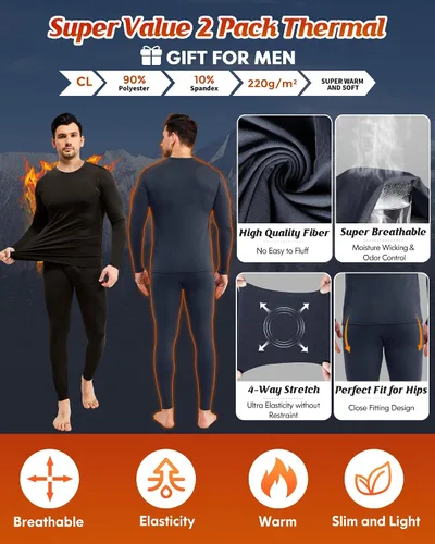Miniatura 2 de CL convallaria Paquete de 2 calzoncillos térmicos largos para hombre, forro polar suave, capa base para clima frío, tallas XS-4XL