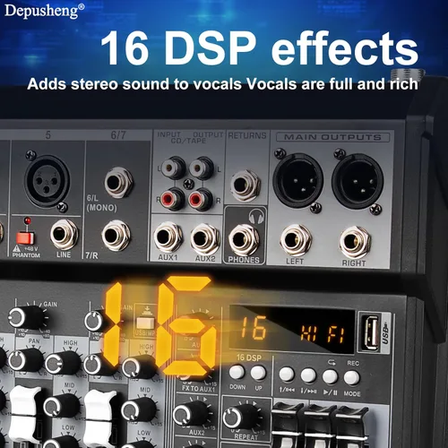 Miniatura 9 de Depusheng Mezclador de Audio Profesional, Interfaz de Audio de 7 Canales Sistema de Consola de Mezcla de Mesa de Sonido, Mezclador DJ DSP Bluetooth