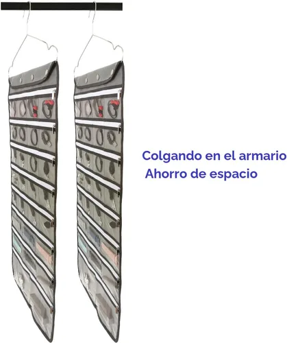 Miniatura 2 de Organizador de joyas colgante de doble cara con colgador para armario, collar, aretes, pulsera, anillo, soporte de viaje