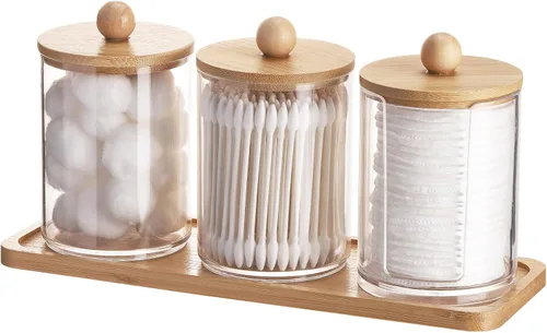Miniatura 9 de Tbestmax - Soporte Qtip con bandeja de tocador, dispensador de recipientes de baño transparentes para almacenamiento, soporte para hisopos