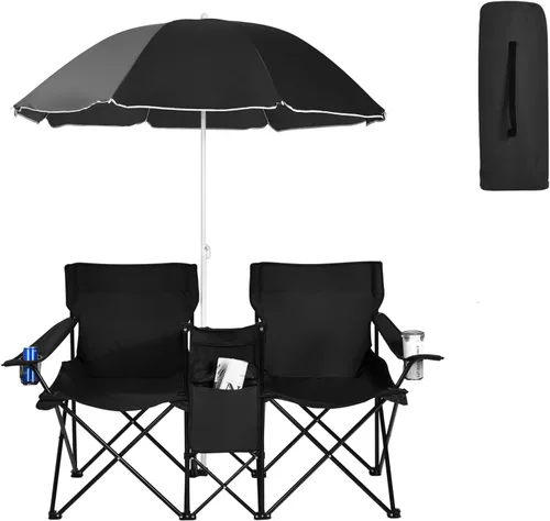 Silla de camping doble, silla de playa portátil para 2 personas con paraguas extraíble, portavasos y bolsa de transporte, sillas plegables para
