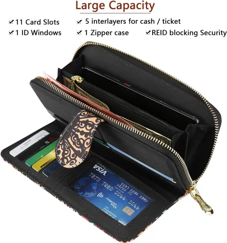 Miniatura 4 de Cartera de mano para mujer, estilo bohemio, con RFID, elegante, espaciosa con correa para viajes, capacidad para tarjetas, teléfono, dinero