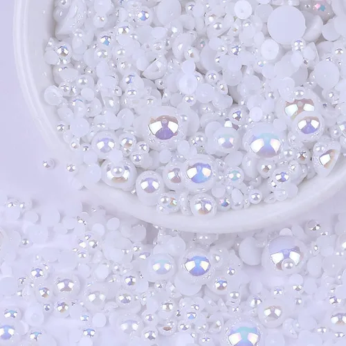 Miniatura 40 de Perlas con parte trasera plana para manualidades, 50g Mezcla Azul Rosa Blanco Medias perlas para manualidades, Tamaño mixto 3/4/5/6/8/10mm Perlas