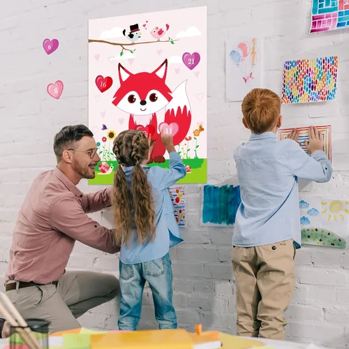 Miniatura 5 de PLULON Juego de San Valentín para niños, pin corazón en zorro con 24 calcomanías de corazón, póster para niñas y niños, decoraciones de fiesta