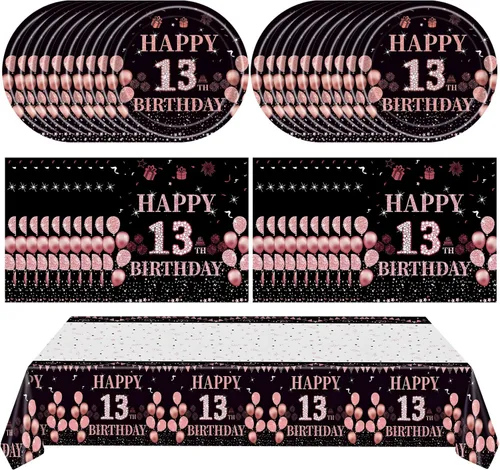 Miniatura 11 de Ryzovo - Decoraciones de cumpleaños 50 para mujer, platos de papel desechables negro y oro rosa, suministros de fiesta para 20 invitados, 41 piezas