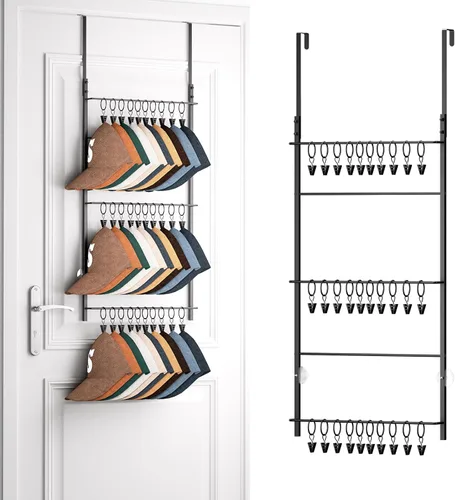 Miniatura 12 de HapiRm Perchero para Puerta - Organizador de Sombreros de 3 Niveles Montado en la Pared con 16 Ganchos y 10 Clips Móviles, Organizador de Sombreros
