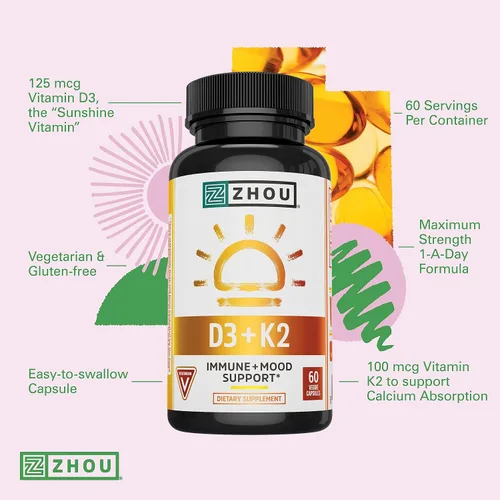 Miniatura 4 de Zhou D3+K2 - Suplemento de vitamina D3 K2 para mujeres y hombres, suplementos de apoyo inmunológico Vit D3 y K2, fórmula vegetariana pura con 5000