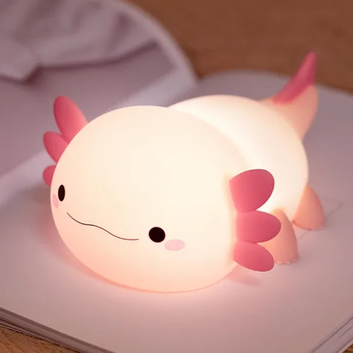 Axolotl Luz de noche, lámpara LED rosa de silicona para niños | Control táctil blando, temporizador de 20 minutos, lámpara de noche, soporte de