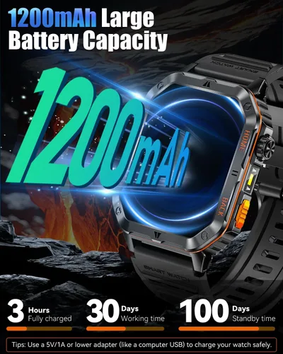Miniatura 2 de Military Smarty Watch for Men, 2.01" Smartwatch with 1200mAh Battery, Flashlight, Answer/Make Calls, Heart Rate/Sleep Monitor 100+ Sport Modes Steel