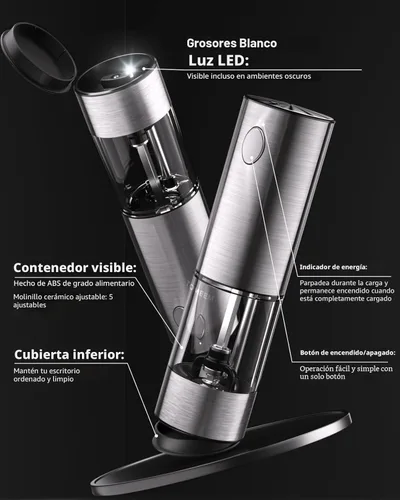 Miniatura 7 de TOMEEM Juego de molinillo eléctrico de sal y pimienta de mayor capacidad mejorado recargable con luces LED, molinillo automático de sal y pimienta