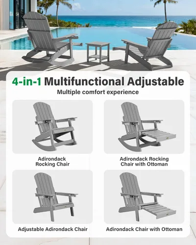 Miniatura 4 de YEFU Sillas Adirondack con otomana retráctil: sillas mecedoras Adirondack de gran tamaño, respaldo alto ajustable de 5 niveles, balancín para Gris