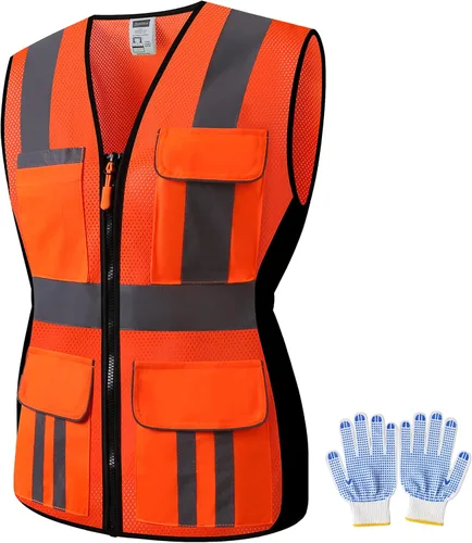 Chaleco de seguridad para mujer, múltiples bolsillos, de alta visibilidad, reflectante, malla transpirable, chaleco de trabajo para dama, cremallera