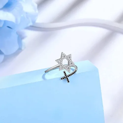 Miniatura 12 de Jewmon Anillo ajustable de estrella de David judía para mujer, plata de ley 925, circonita cúbica, estrella de David, anillo judío abierto, amuleto