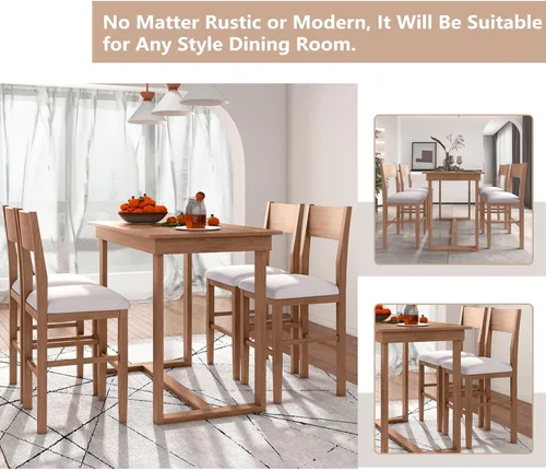 Miniatura 5 de Merax Farmhouse - Juego de comedor de 5 piezas con 1 mesa rectangular y 4 sillas tapizadas para lugares pequeños, muebles de cocina familiar
