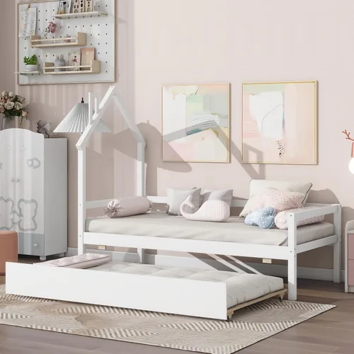 Miniatura 16 de Cama de plataforma de madera de tamaño individual con cabecero y cercas en forma de casa, sin tablillas, cama de piso para dormitorio de niños Verde