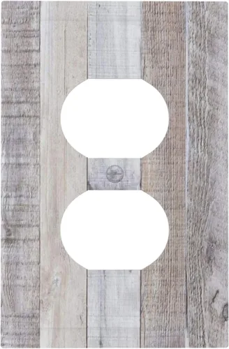 Placa de pared dúplex de receptáculo de dispositivo de 1 gang de madera envejecida blanca gris con veta de tablón, cubierta de enchufe eléctrico de