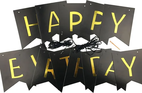Miniatura 4 de Fecedy, Banderín y Cartel de Feliz Cumpleaños, Negro con Letras Doradas y Brillantes, Suministros para Fiestas.