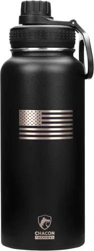Miniatura 10 de Botella de agua aislada, negro, acero inoxidable, 32 onzas, diseño de bandera estadounidense de línea azul fina, boca ancha