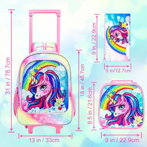 Miniatura 4 de Mochila con ruedas para niñas y niños, 3 unidades, con ruedas, con lonchera, mochilas con ruedas para primaria