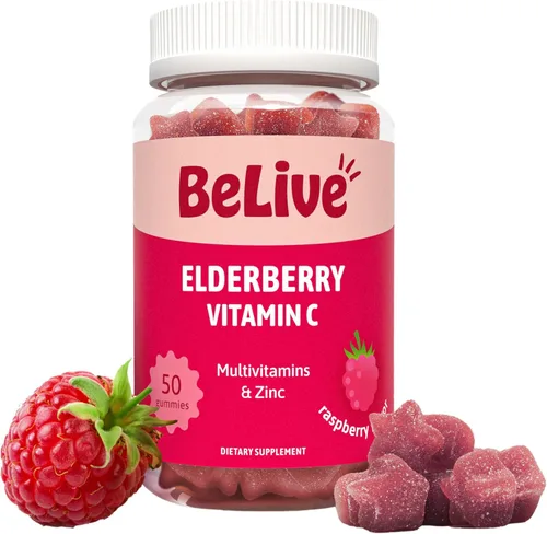 BeLive Gomitas de saúco con vitamina C, D3 y zinc, suplemento multivitamínico para apoyo a la salud inmunológica para niños y adultos, 50 unidades,