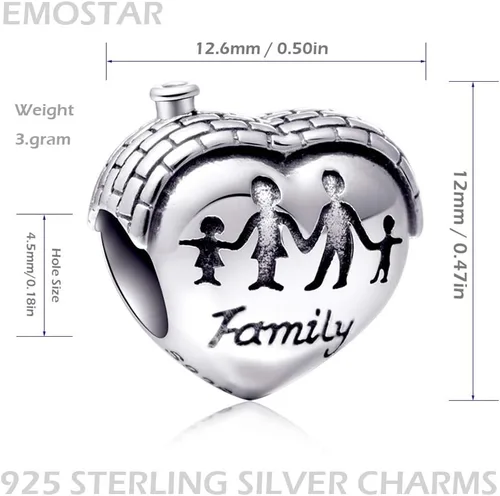 Miniatura 5 de EMOSTAR Abalorio familiar de plata de ley con forma de corazón para pulseras