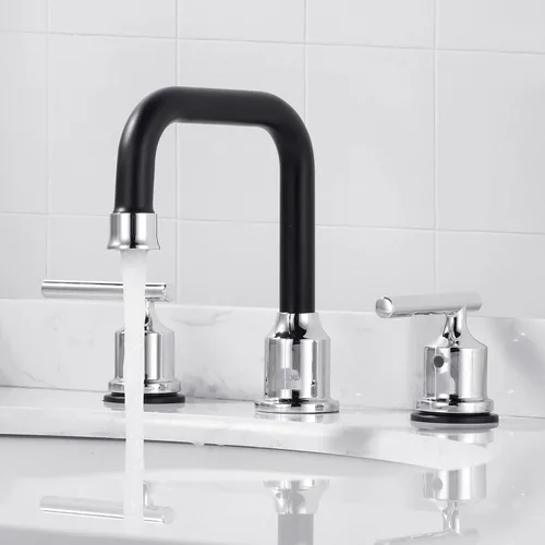 Miniatura 3 de WOWOW Grifo de lavabo de baño negro y cromado, grifo de baño extendido de 3 orificios para tocador de 8 pulgadas con ensamblaje de desagüe emergente