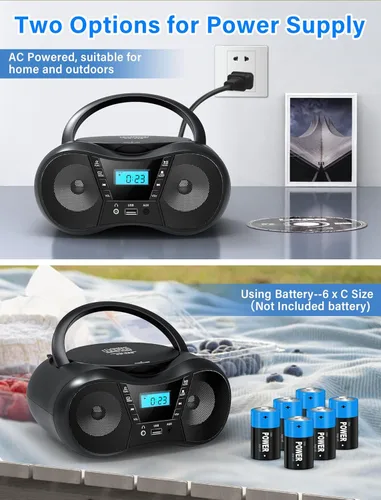 Miniatura 6 de Greadio Boombox Reproductor de CD portátil para el hogar con Bluetooth, Combo de Reproductor de CD Boom Box y Radio FM, Sonido Estéreo, Alimentado
