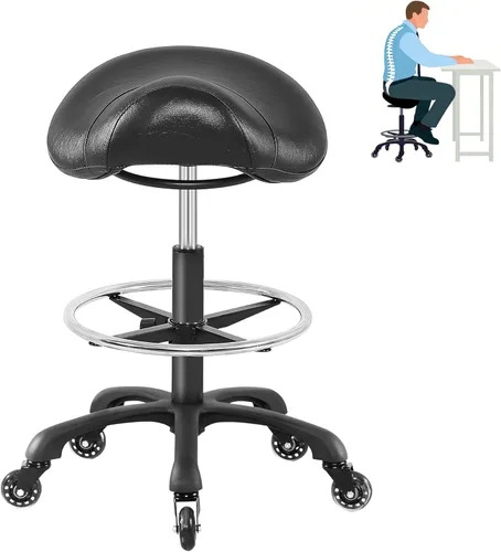 Taburete de salón con reposapiés, resistente, altura ajustable, silla de esteticista rodante para tatuaje, spa, clínica dentista médica (negro)