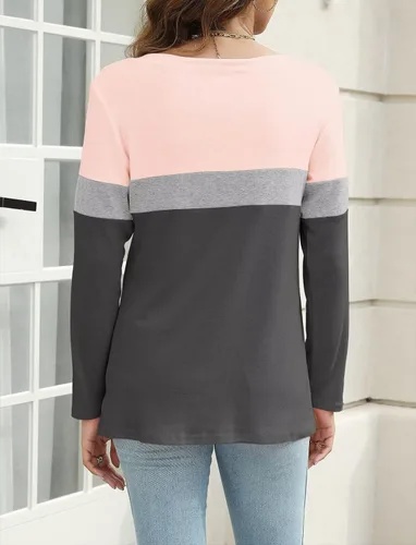 Miniatura 5 de Minetom Camisetas de manga larga con cuello en V para mujer, estilo casual, bloque de colorsólido, camisetas básicas