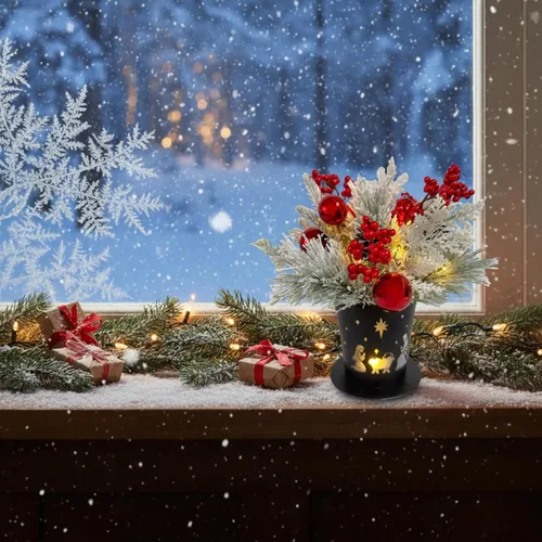 Miniatura 4 de Centro de Mesa Navideño Iluminado en Maceta de Metal con Temporizador, Escena del Nacimiento Navideño en Base de Metal Negro con Ornamento de Piñas
