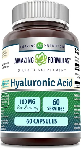 Amazing Formulas Suplemento de ácido hialurónico de 100 mg | Cápsulas | Sin OMG | Sin gluten | Fabricado en Estados Unidos (1 paquete, 60 unidades)