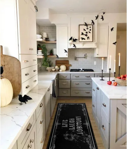 Miniatura 4 de Juego de 2 Alfombrillas de Cocina Góticas - Alfombras de Cocina Antideslizantes de Halloween Espeluznantes Negras Alfombra Gótica de Calavera