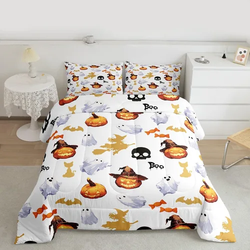 Miniatura 41 de Juego de edredón rosa con temática de Halloween, tamaño individual, edredón de farol de calabaza para adolescentes, juego de ropa de cama de Multi